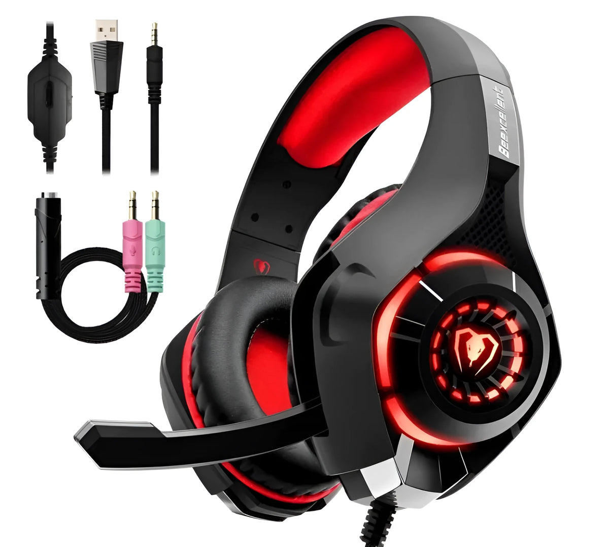 Beexcellent GM-1 stereo gaming headset with mic, LED light and braided cord in blue or red