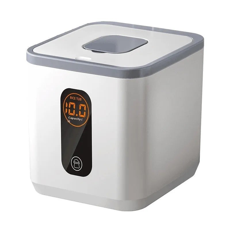 Grey plastic rice storage jar with airtight lid and measuring cup in 10kg, 20kg, or 30kg capacity options