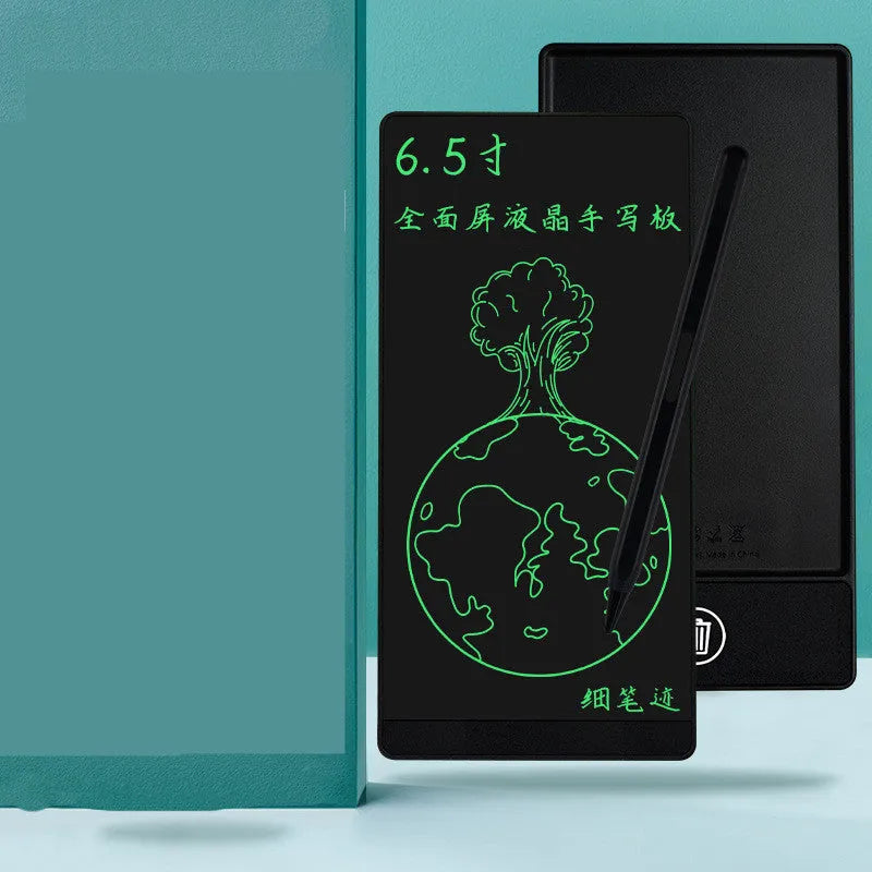 Blue LCD handwriting board with 6.5-inch screen and stylus on a desk.