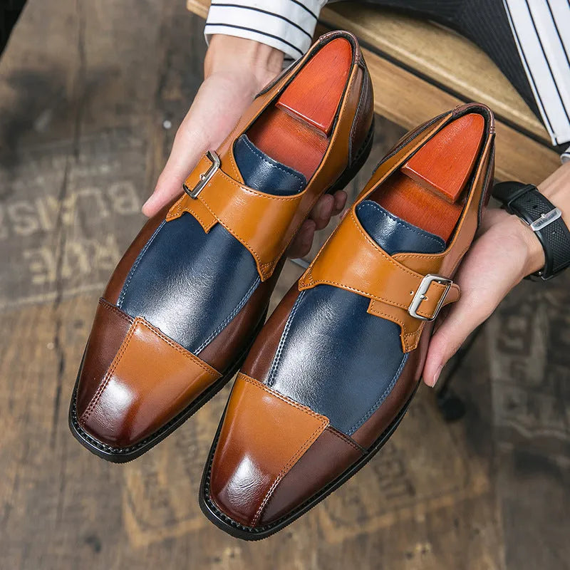 Men's British style retro buckle casual leather shoes in black and brown-blue colours