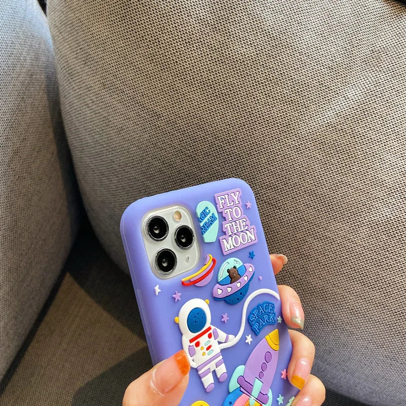 Spaceman purple silicone gel phone case with cartoon astronaut design for iPhone