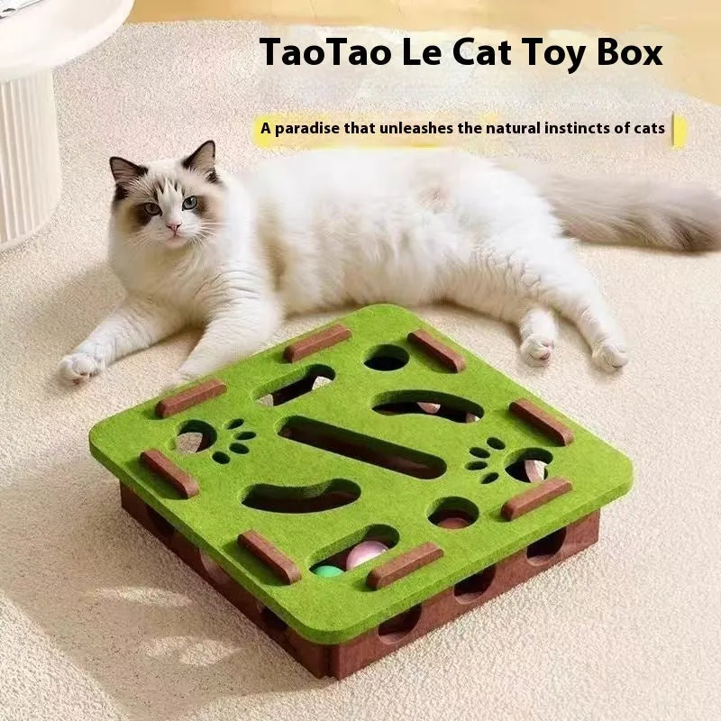 Square felt cat toy box with multiple scratching holes in grey, green brown, or camel white colour options