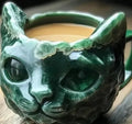 Colourful synthetic resin geode cat mug in pastoral style on a desk.