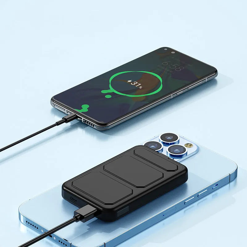 Magnetic wireless charging power bank with folding bracket showing multiple colour options
