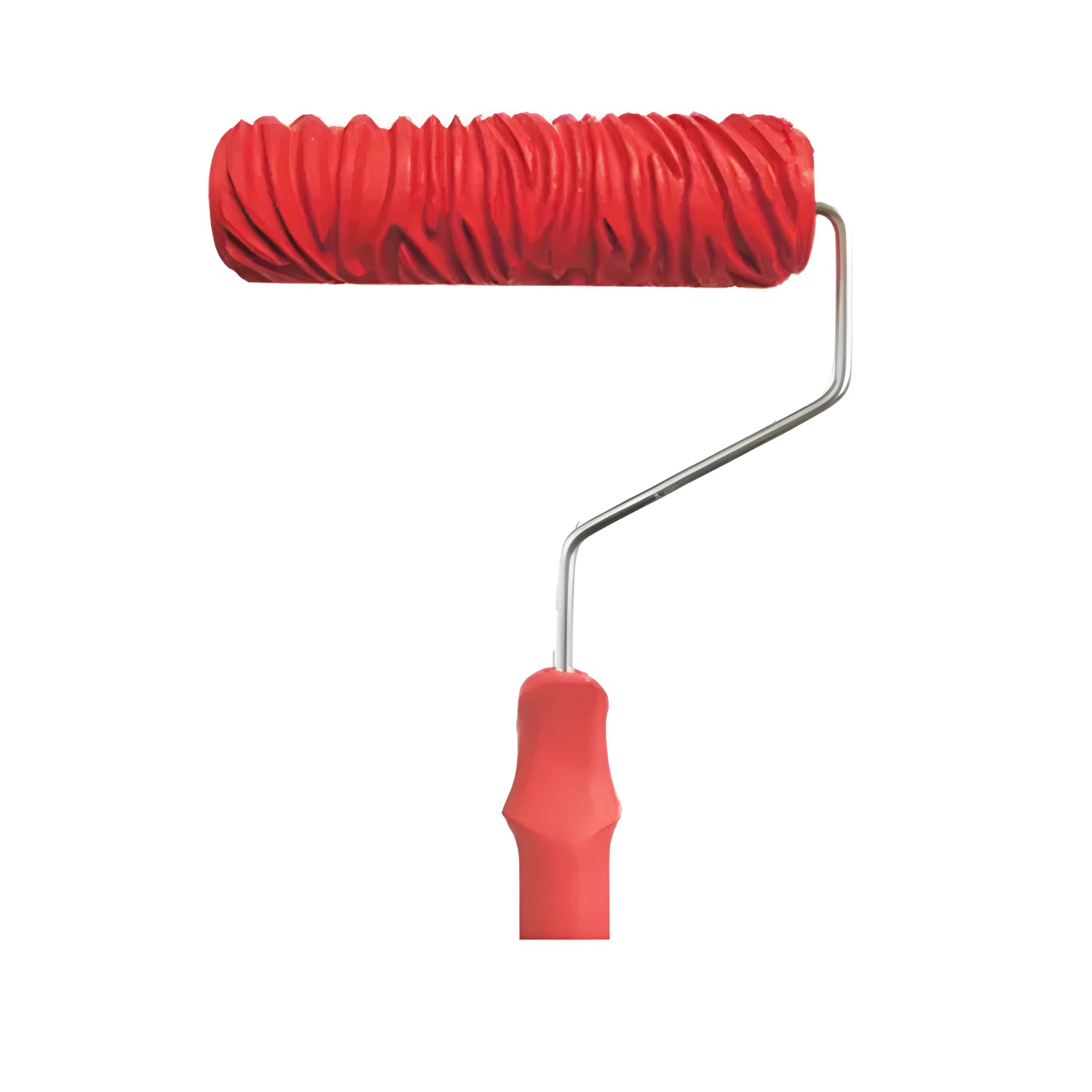 Red 7-inch paint embossing roller with textured rubber surface for creating wall patterns