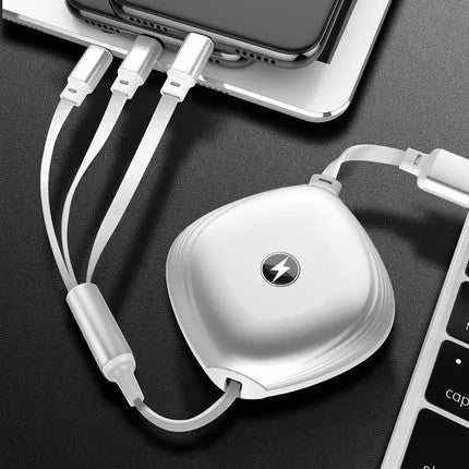 3 in 1 telescopic charging cable extended to show titanium alloy connectors and TPE wire body