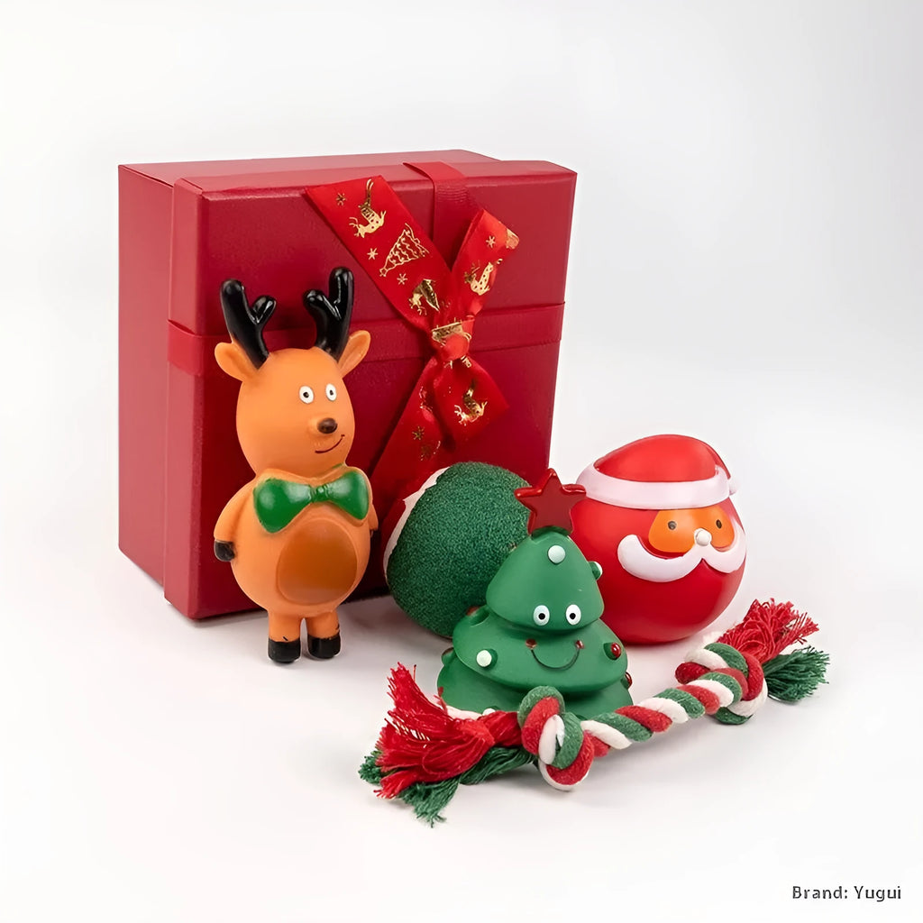 Seven sets of colourful vinyl Christmas dog toys including barbells, balls, bite ropes, and Santa Claus figures