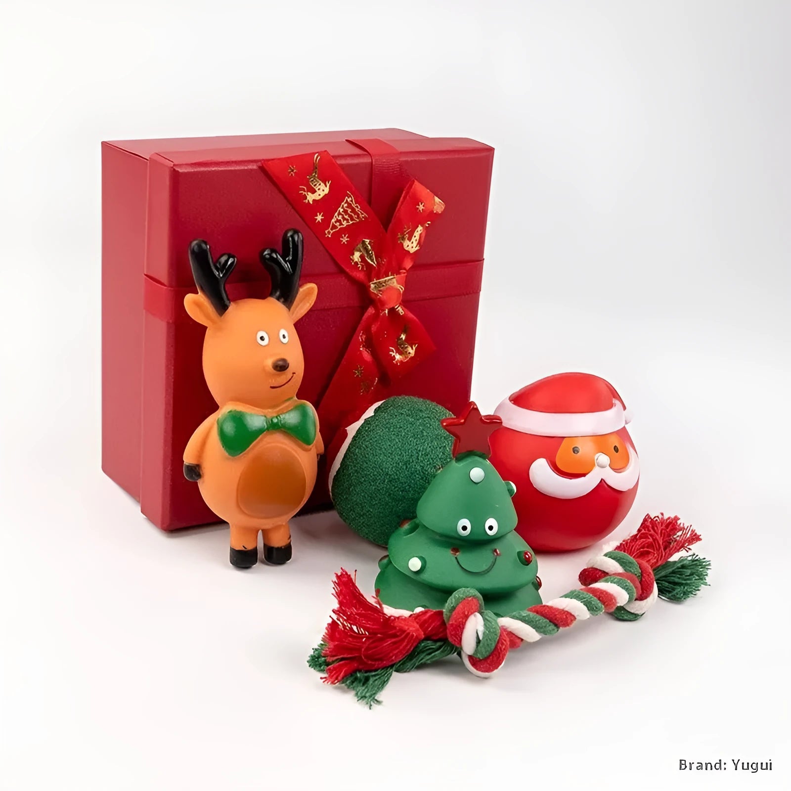 Seven sets of colourful vinyl Christmas dog toys including barbells, balls, bite ropes, and Santa Claus figures