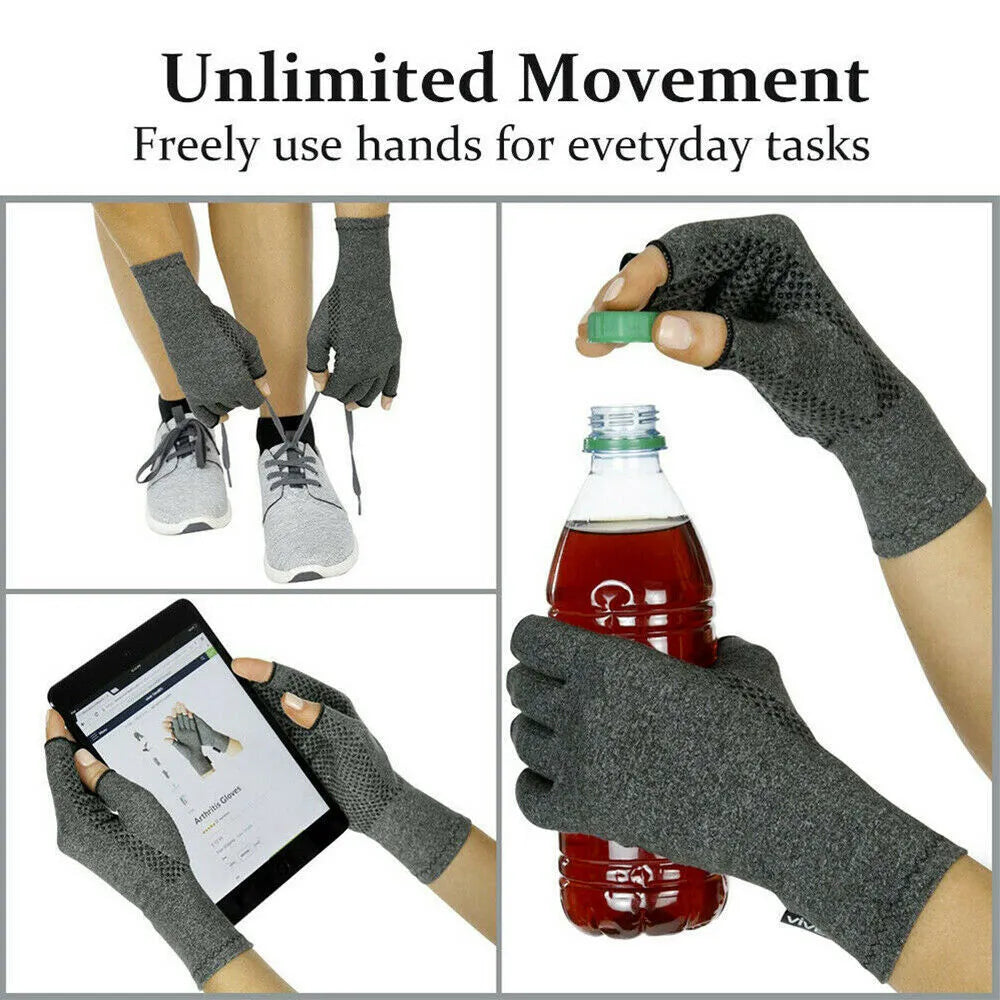 Grey half-finger compression gloves with anti-slip palm surface