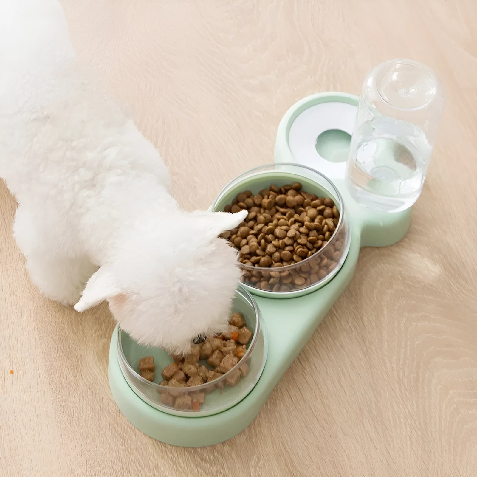 Double bowl automatic pet feeder with 360 degree rotation, grey colour, 38cm long, 13.5cm wide, with two food bowls and a water bottle
