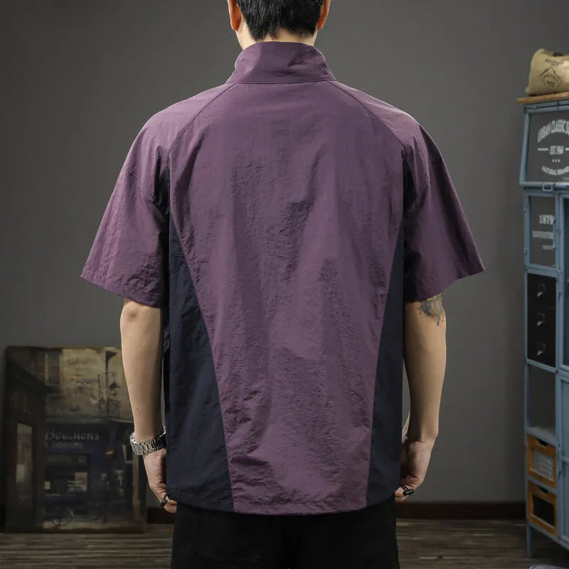 Brown men's casual short sleeve t-shirt with a half-zip stand collar, made from ice silk fabric.