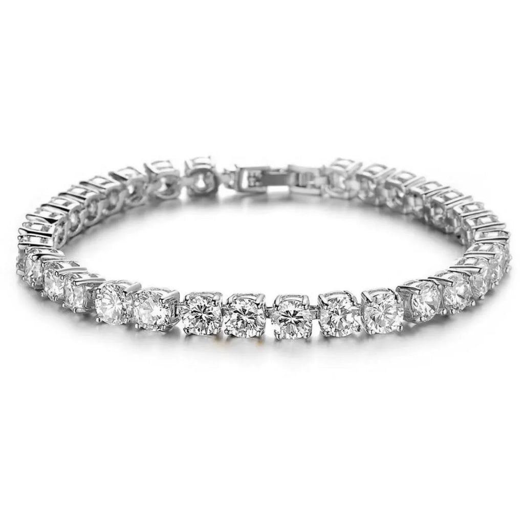 Men's silver geometric bracelet with a row of clear rhinestones and a tennis racket charm on a link chain.