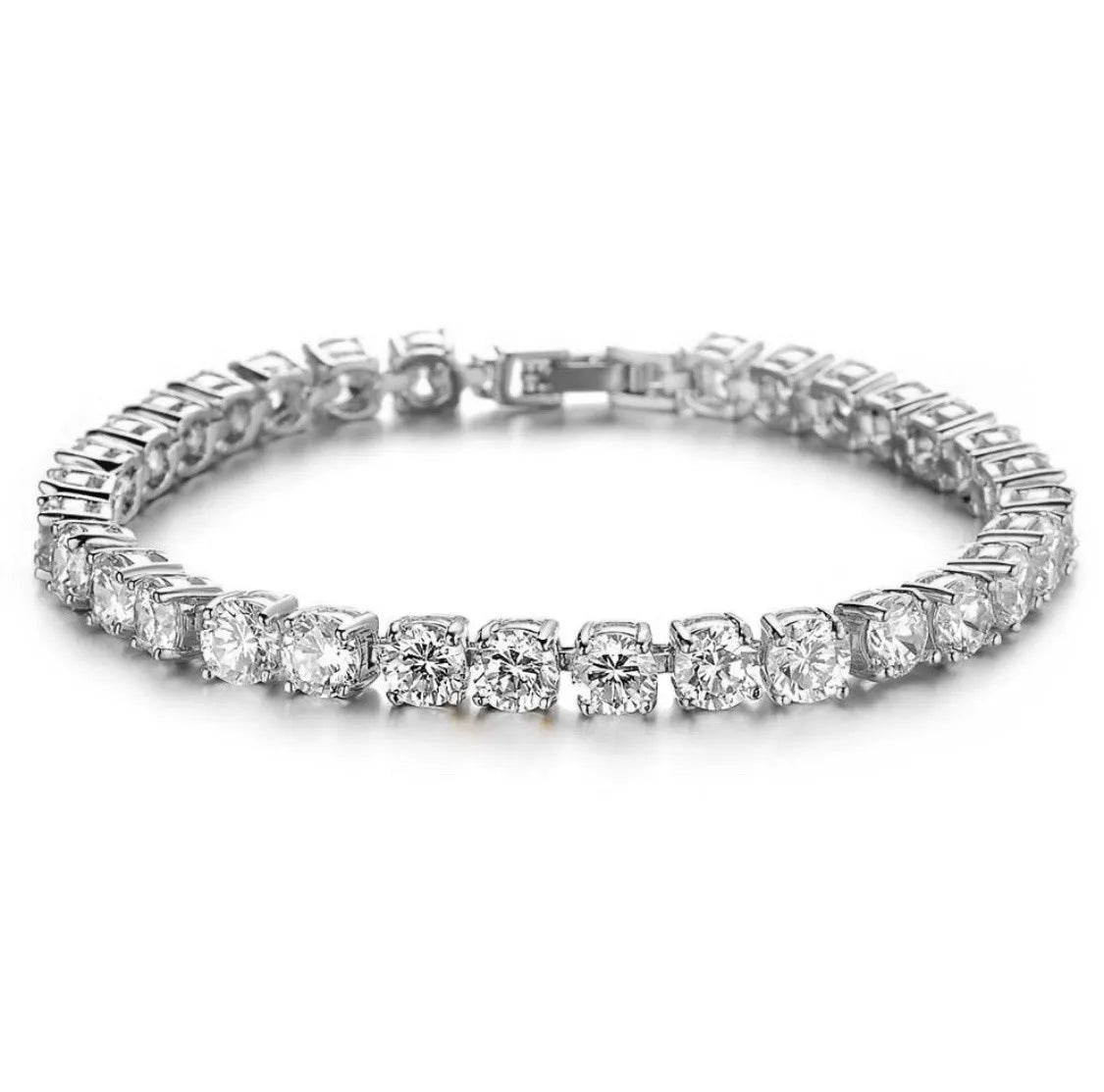 Men's silver geometric bracelet with a row of clear rhinestones and a tennis racket charm on a link chain.