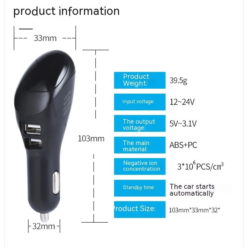 White car USB charger and negative ion air purifier for vehicle cigarette lighter sockets