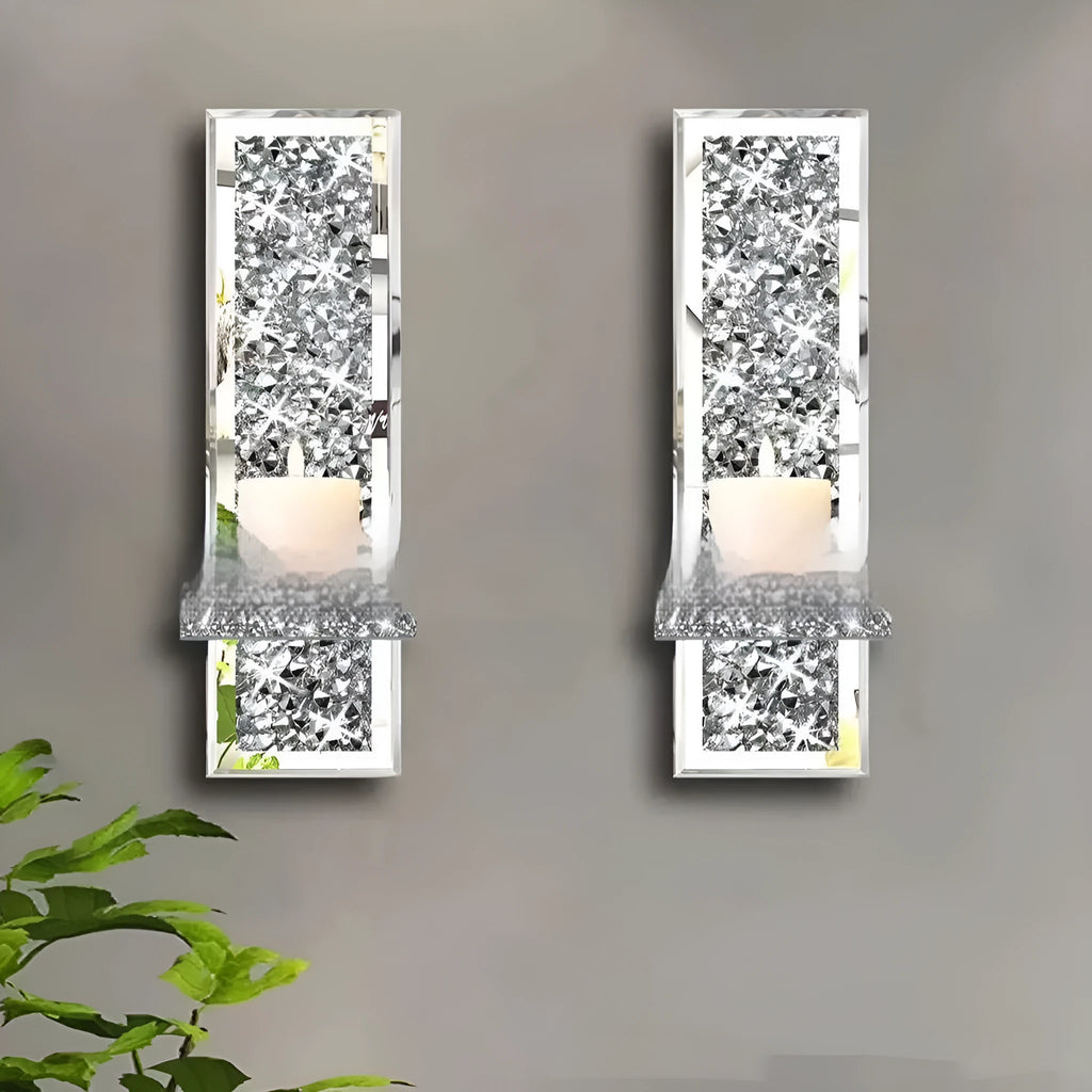 Pair of modern silver mirror wall candle holders with crystal candlesticks, dimensions 10x11x38cm.