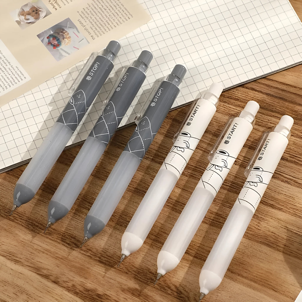 0.5mm HB automatic pencil with cloud grip in black and white, minimalist plastic pen holder