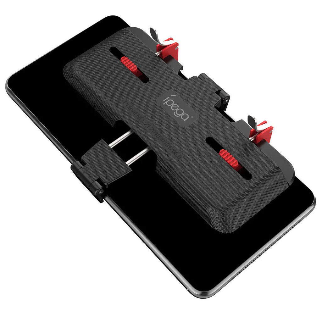Black mobile phone gaming bracket with a magnetic trigger handle extended, showing adjustable phone clamp.