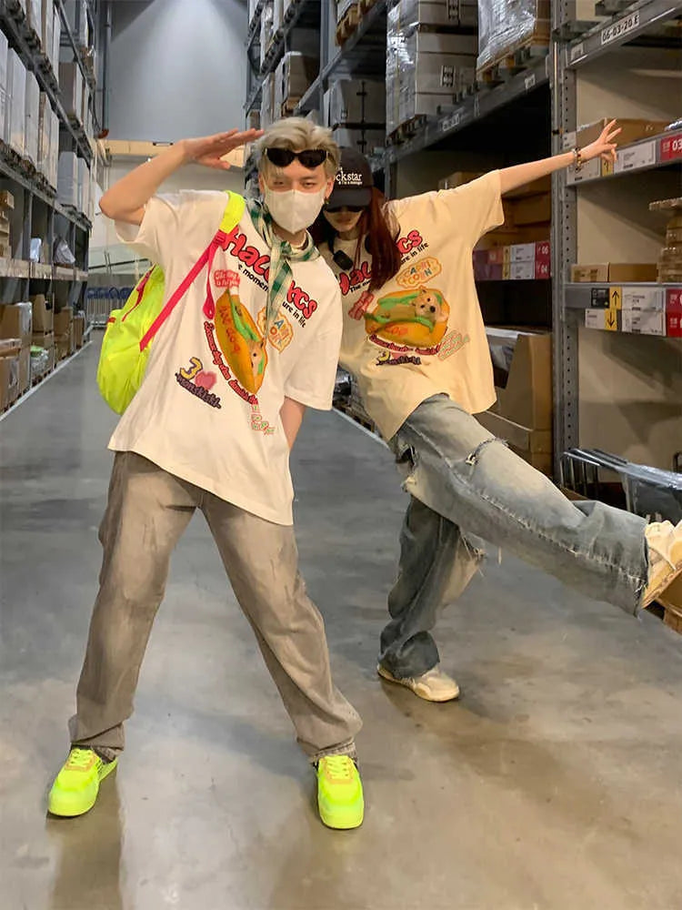 Cartoon hamburger dog printed cotton T-shirt in loose fit, shown in white colour.