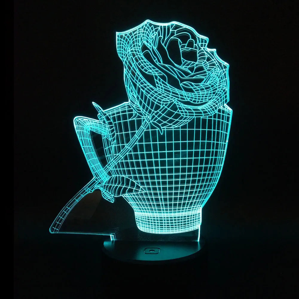 3D acrylic rose flower night light with remote control on a table, displaying purple light.