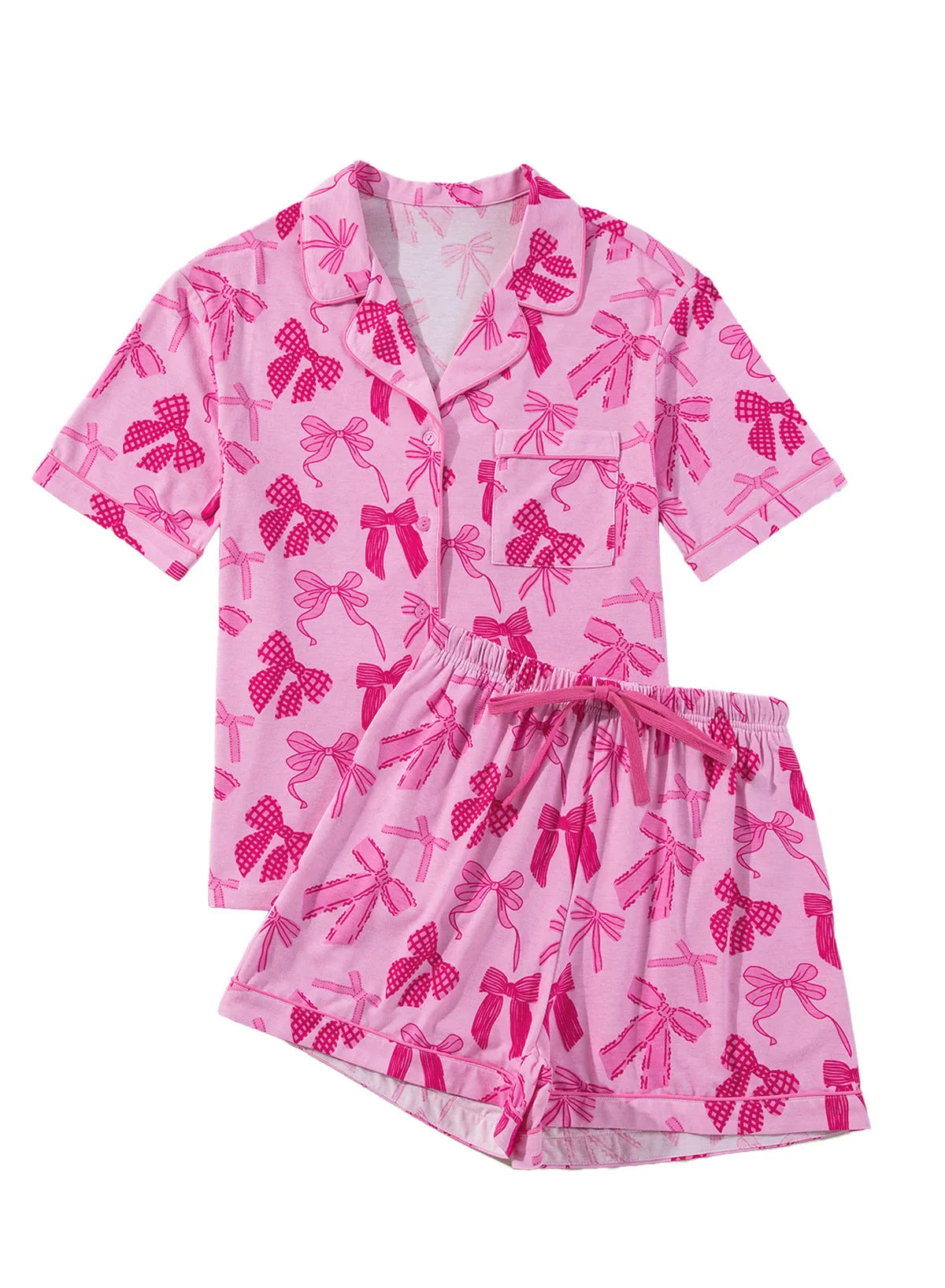 Pink women's pajama set with bow print pattern on thin polyester fabric