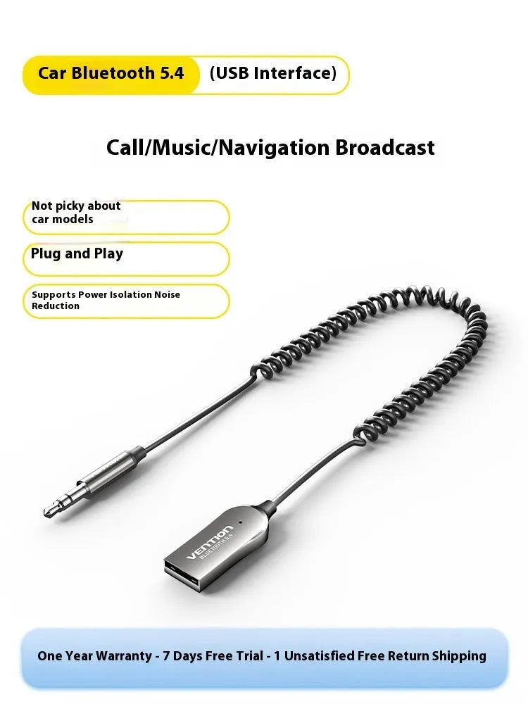 USB car Bluetooth audio receiver with zinc alloy USB connector and copper 3.5mm jack on flexible cable