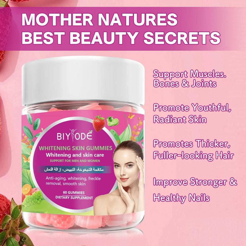 Bottle of skin whitening gummies with glutathione and collagen, 60 gummies