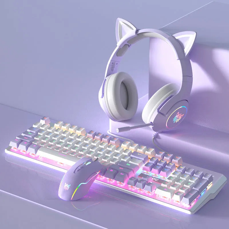 Purple and white mechanical keyboard and mouse gaming bundle with backlighting