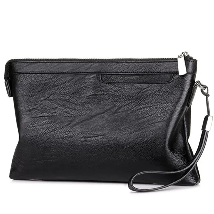 Men's PU leather clutch bag in black with wrist strap, soft carry handle, and zipper compartments