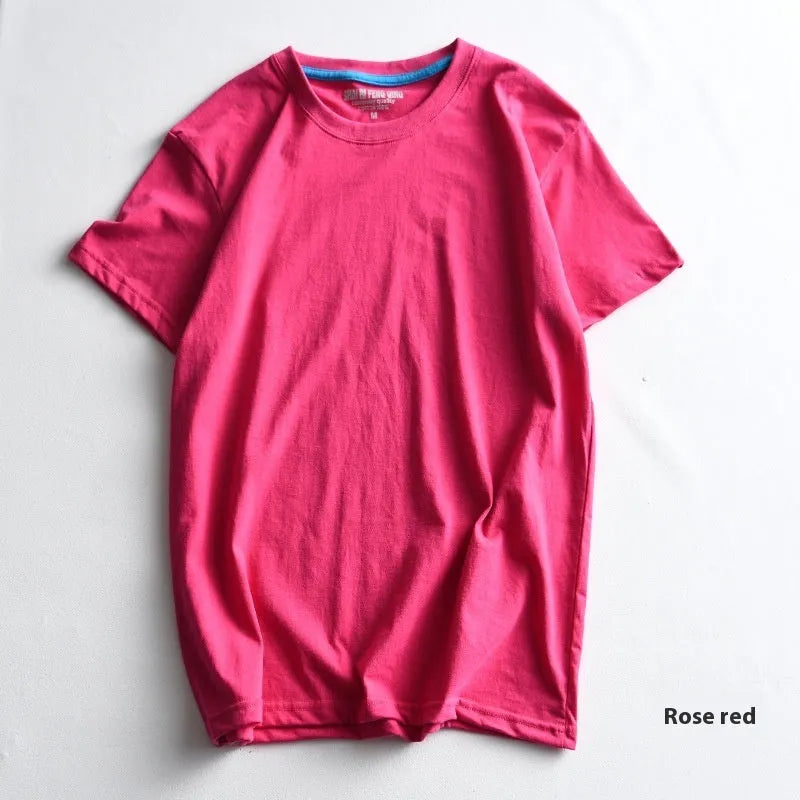 Men's solid colour cotton t-shirt on a hanger, showing round neck and short sleeve design.