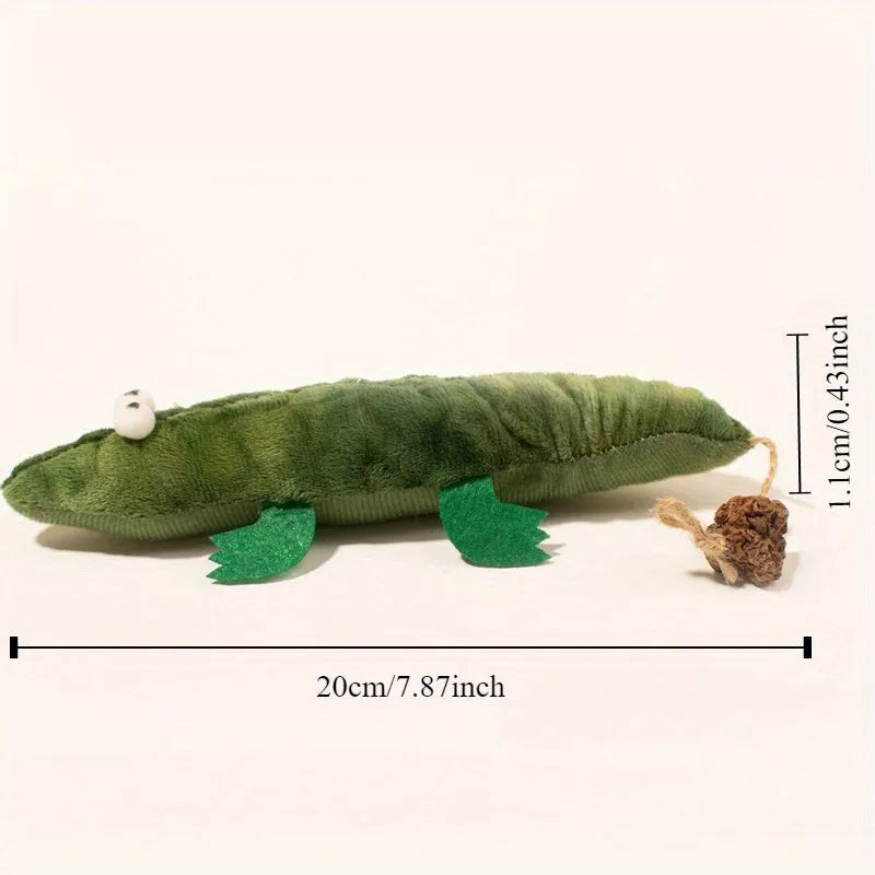 Green plush alligator shaped cat toy with catnip and peppermint for oral cleansing and stress relief