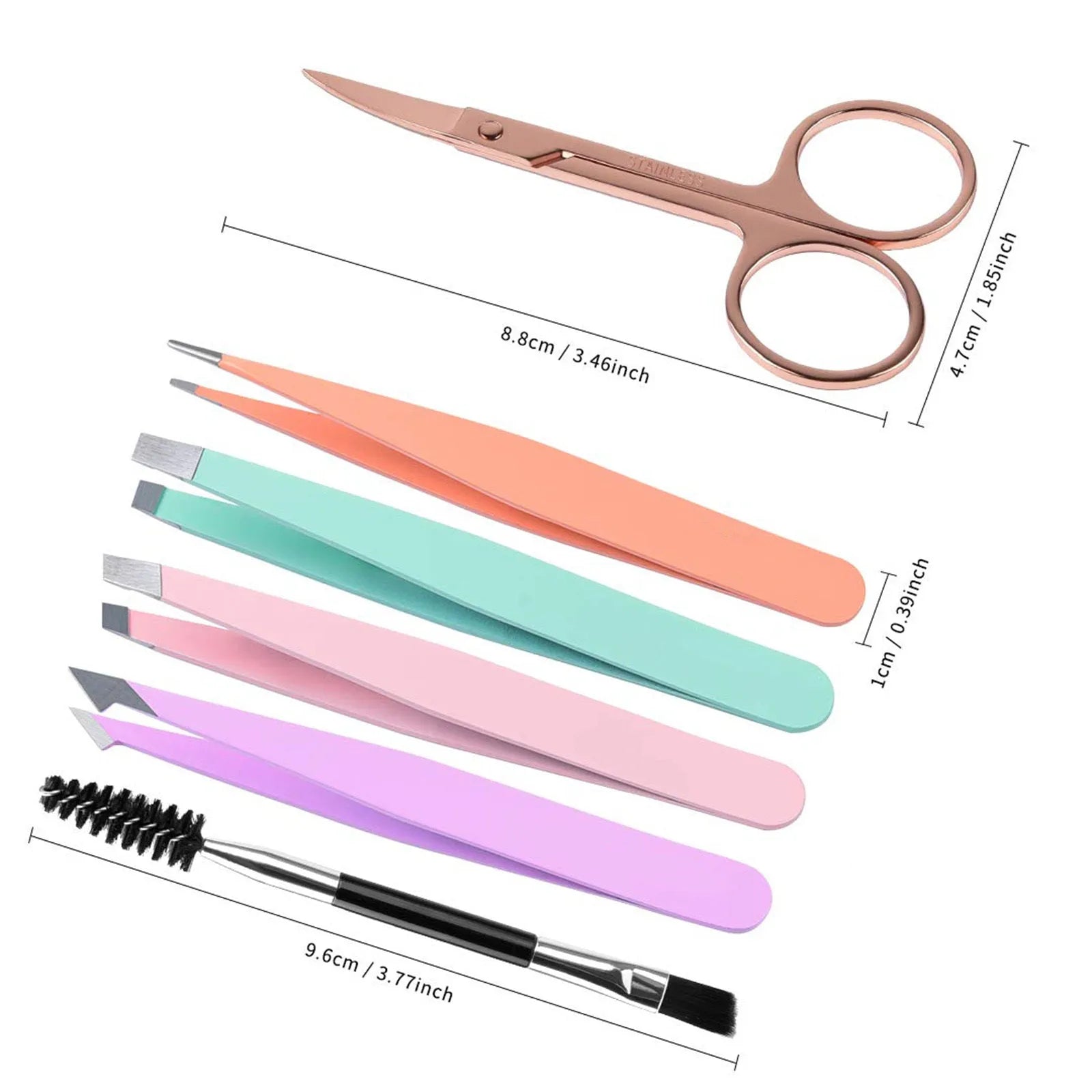 Six-piece stainless steel eyebrow tweezers set with curved scissors, brush, and leather case.