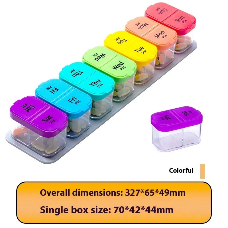 White and rainbow coloured portable pill box with 14 removable grid compartments, shown detached.
