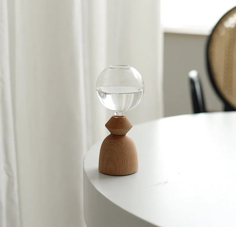 Wooden base geometric bubble vase with glass body, conical bottom, Nordic style home decor