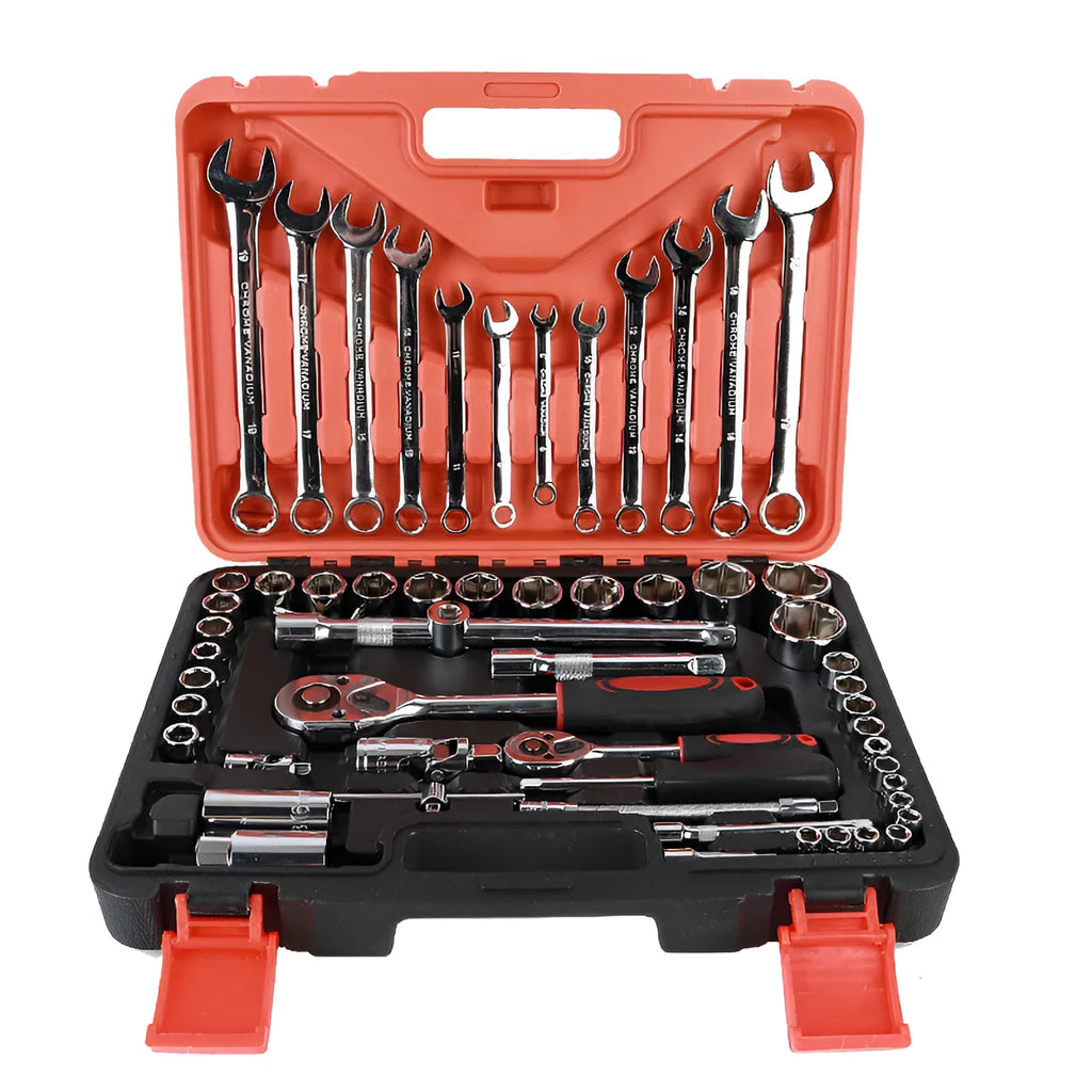 61-piece chrome vanadium steel metric socket and wrench tool set for car repair