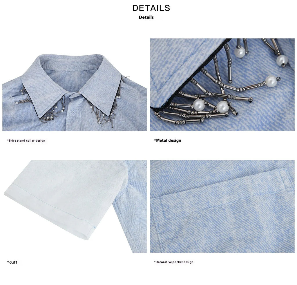 Blue and white gradient men's loose fit short-sleeved shirt with quilted design