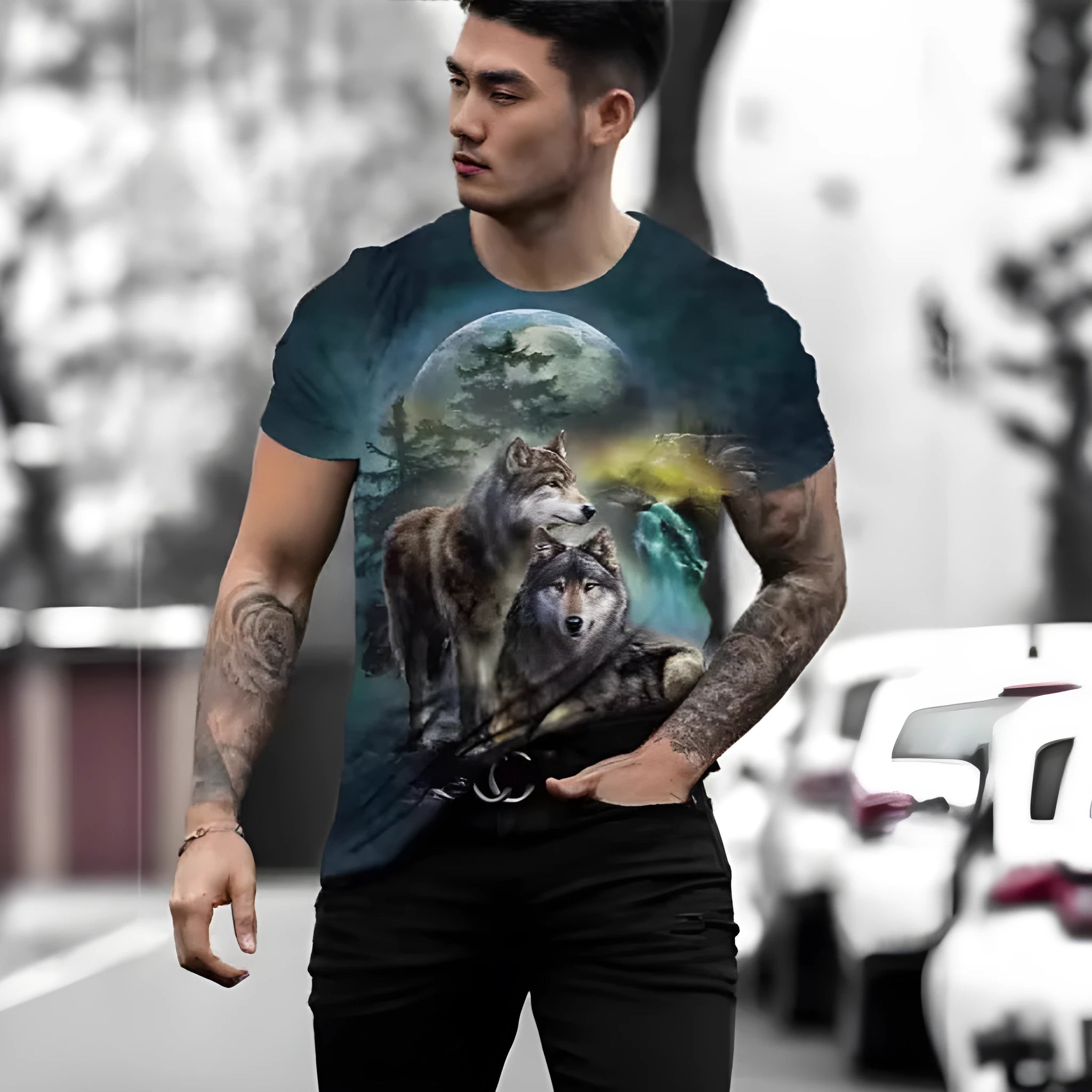 Men's short-sleeved T-shirt with retro 3D animal digital print on thin bird eye cloth polyester fabric