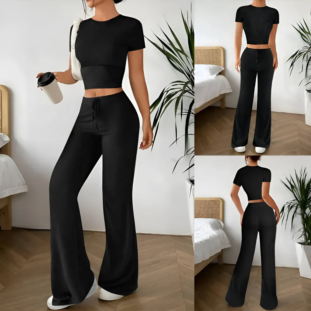 Black women's high waist trousers and regular sleeve short sleeve top matching set