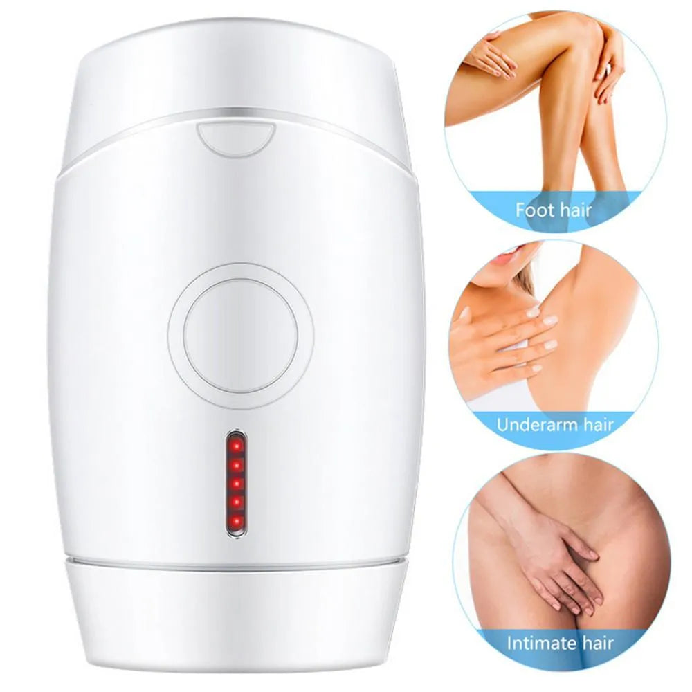 White home laser hair removal device with digital display, shown with international plug adapters.