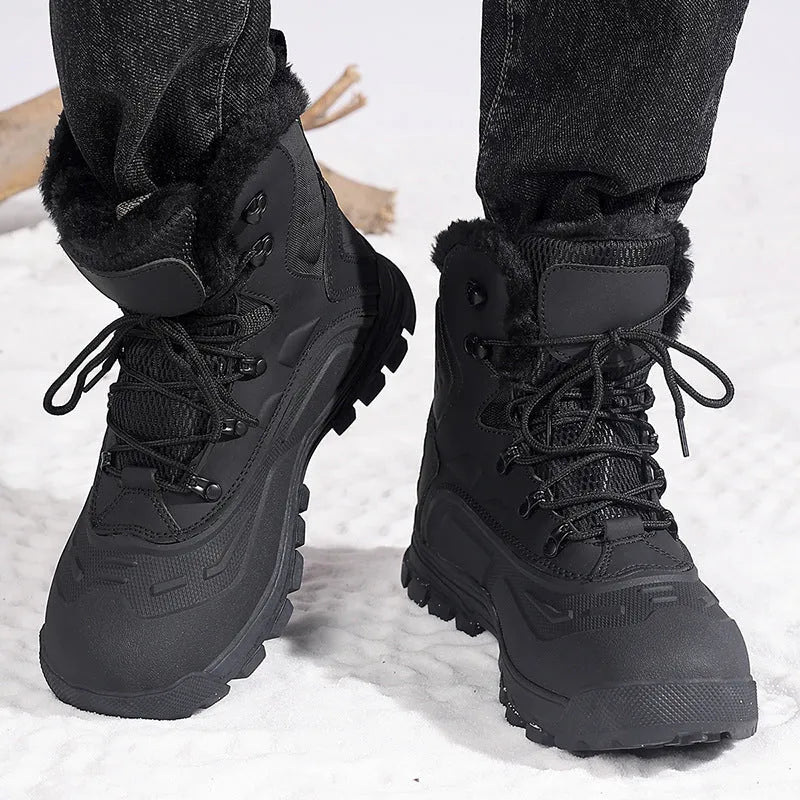 Men's black high-top lace-up boots with fleece lining, shown in plus sizes.