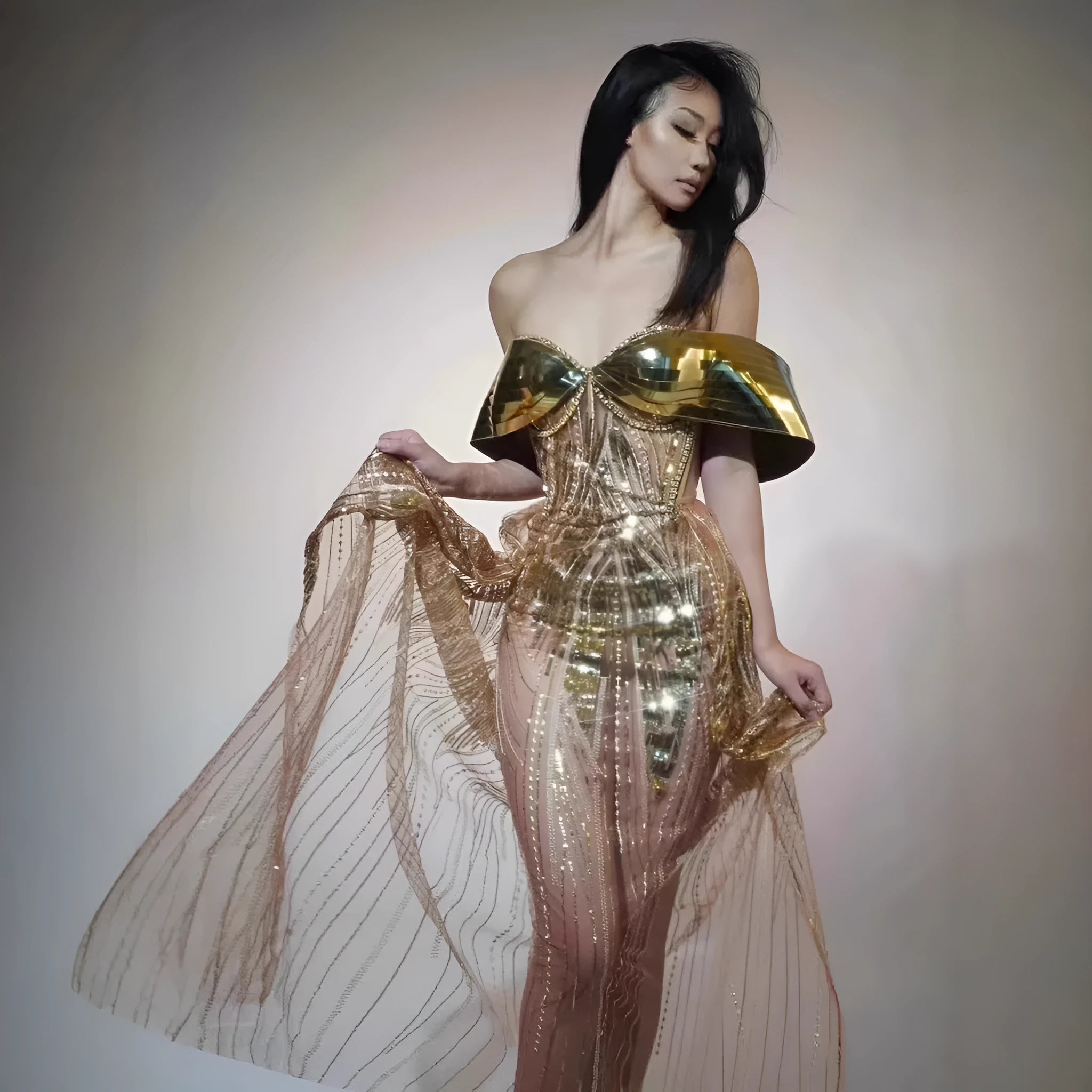 Gold strapless sequin dress with tulle overlay and side split, formal evening gown for women