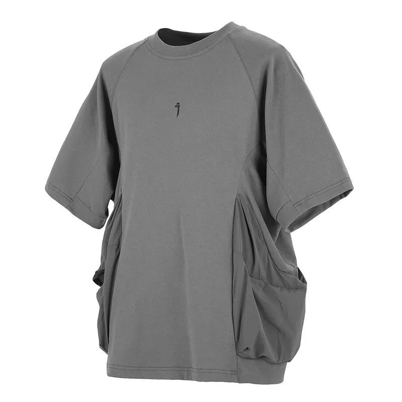 Men's loose grey cotton short sleeve t-shirt with large chest pockets