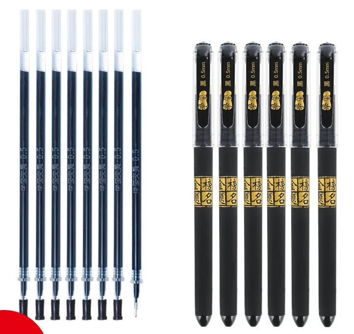Carbon black gel pen multipack showing bullet tip and needle tip options with plastic barrels