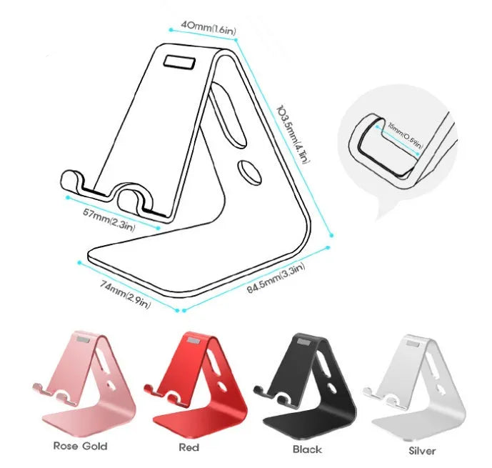 Metal aluminium alloy stand for phones and tablets in black, red, rose gold, and silver colours.