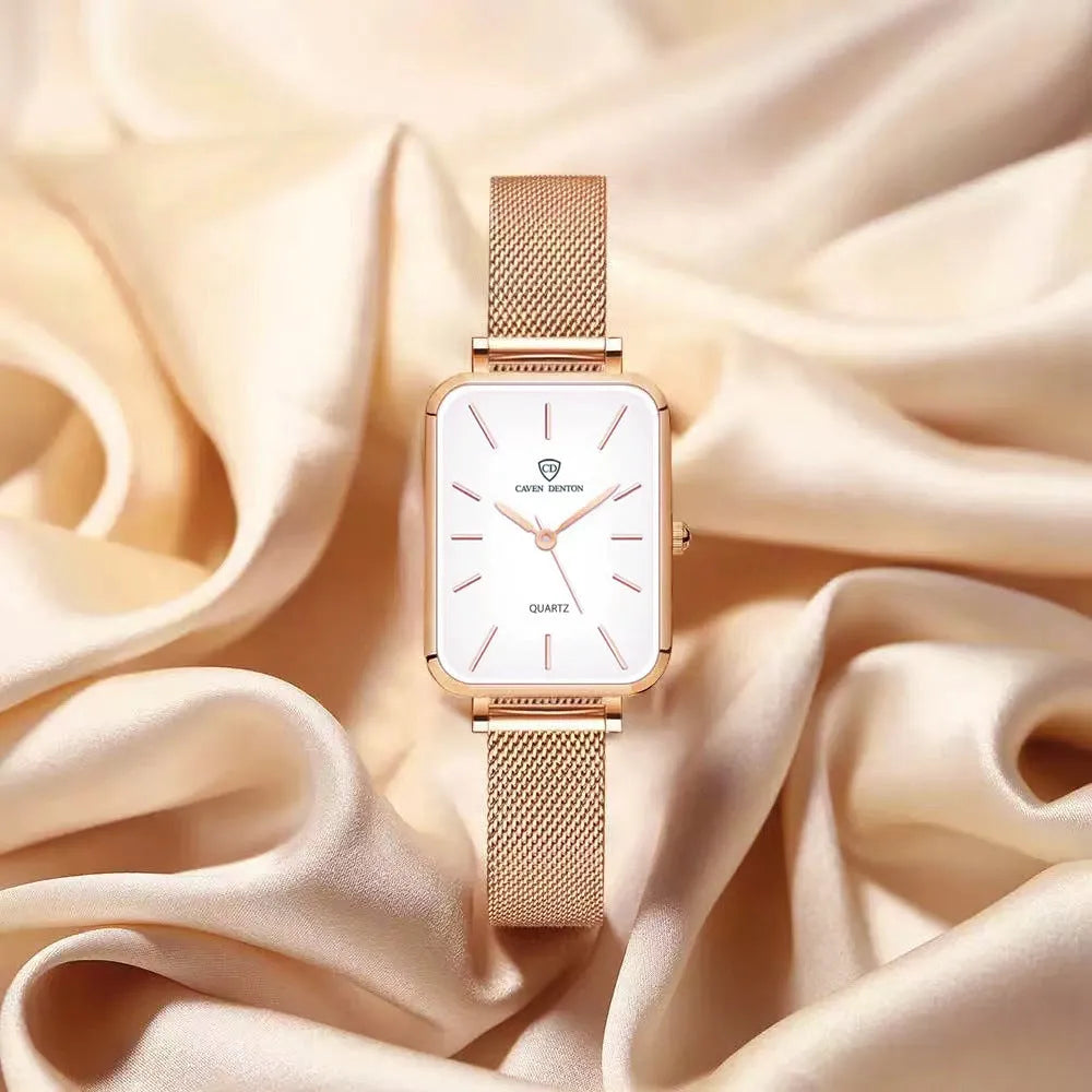 Women's silver waterproof quartz watch with woven steel strap and 34mm alloy case