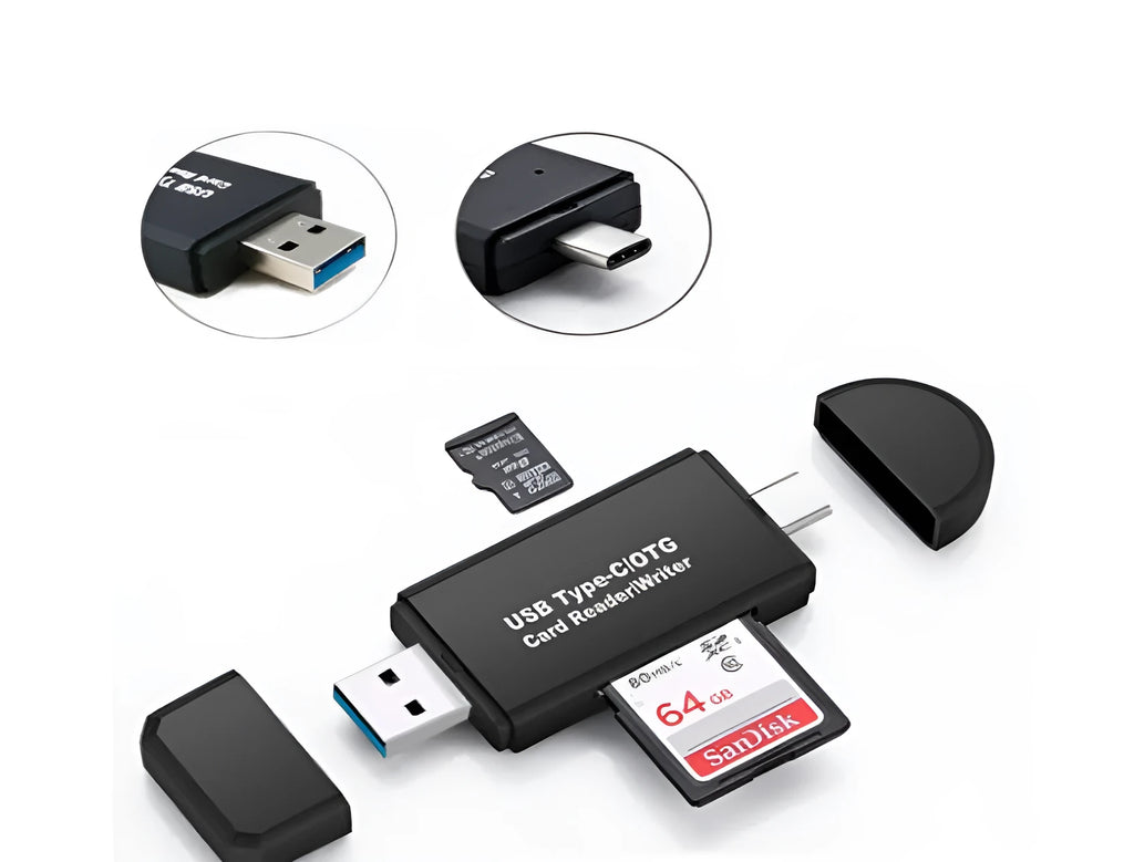 Black USB 3.0 card reader for SD and TF memory cards with Type-C interface