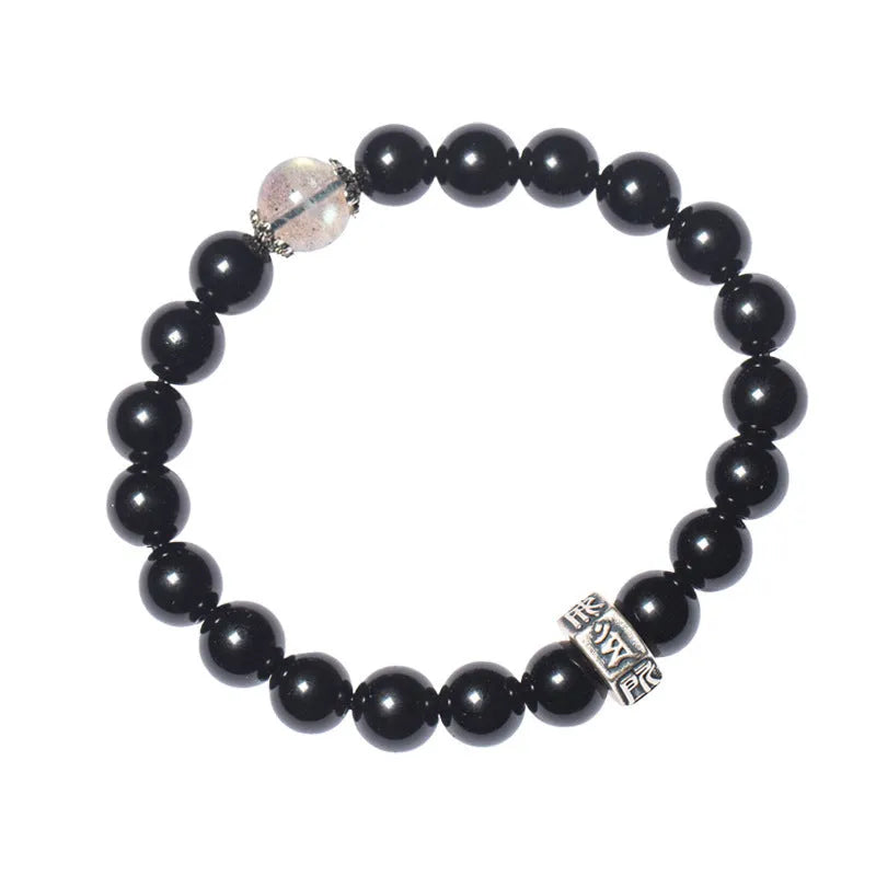 Obsidian bracelet with carved Chinese zodiac animal design, ethnic style, 8mm thick.