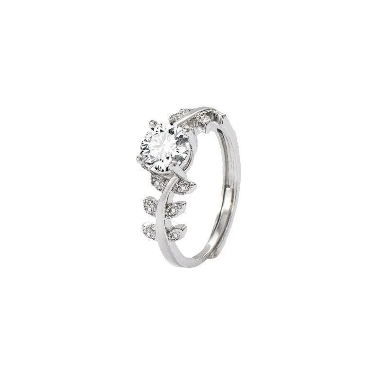 1 carat leaf ring for women, white gold colour electroplated copper, adjustable open band