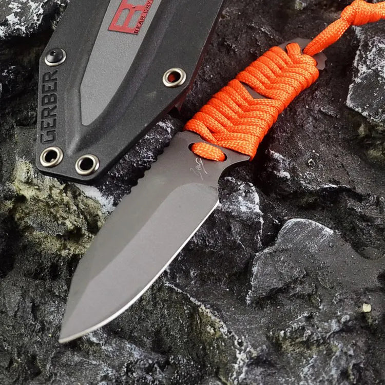 Outdoor camping rope knife with 80mm 5Cr15 steel blade, binding rope handle, and ABS sheath
