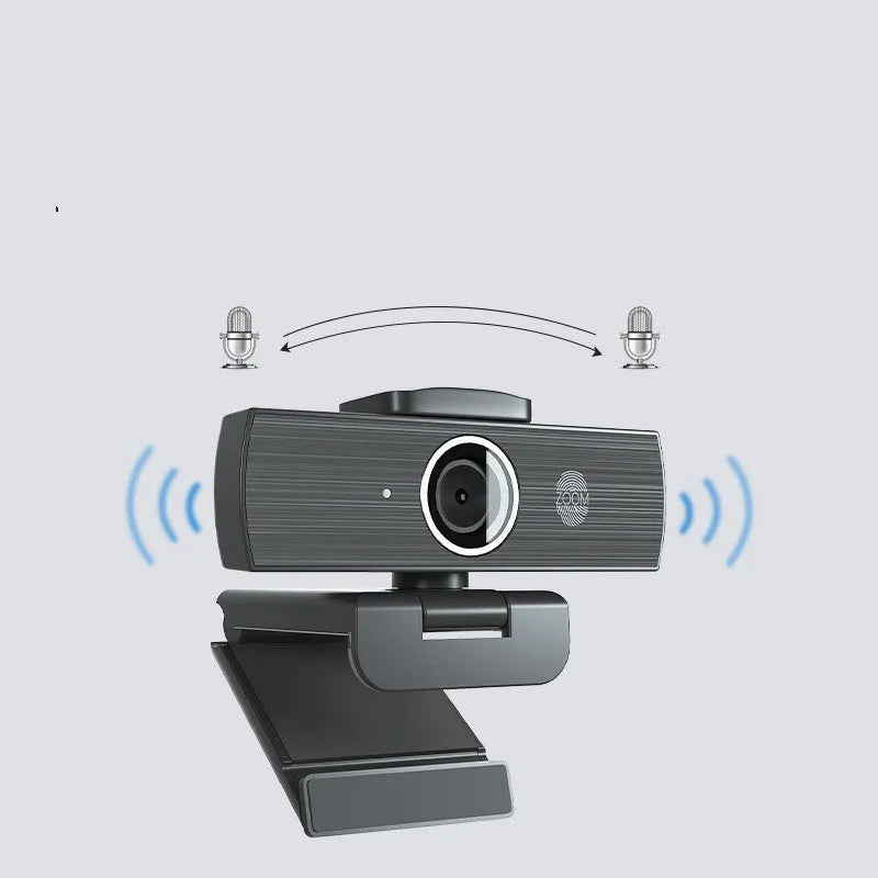 Black 8MP USB webcam with magnetic privacy cover on desktop