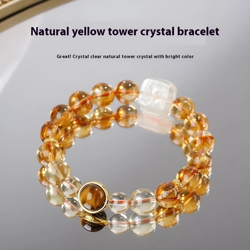 Women's ethnic carved citrine bracelet with 10mm geometric crystal beads